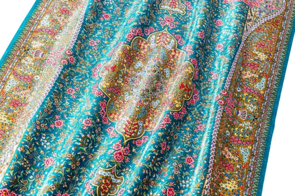Qom silk carpet in full natural silk, hand-knotted in Iran with 80 Raj density. Features a turquoise floral design with central medallion.