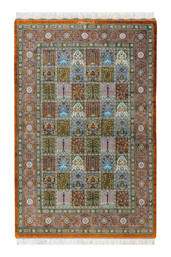 Handmade Persian silk rug Imperial Mosaic, Qom origin, fine knotted carpet