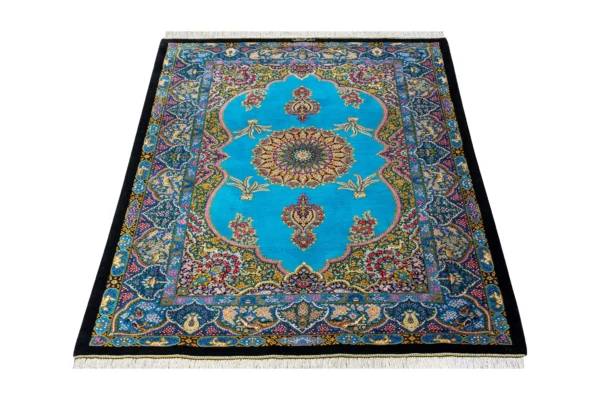 Sky Jewel Persian silk rug, Qom weaving, 80 Raj, signed Mirmehdi