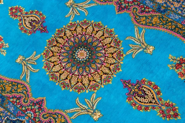 Sky Jewel Persian silk rug, Qom weaving, 80 Raj, signed Mirmehdi