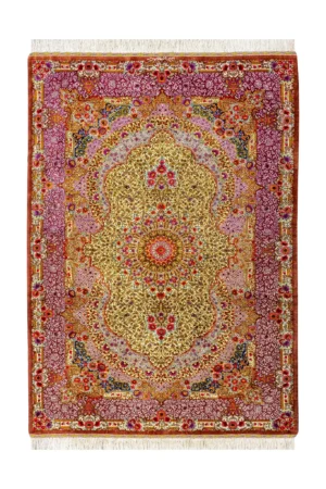 Queen’s Garden Persian rug, hand-knotted in Qom, pure silk, 80 Raj, signed Alipour