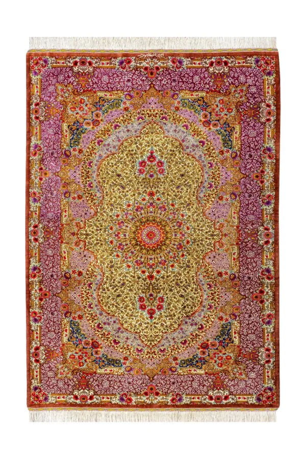 Queen’s Garden Persian rug, hand-knotted in Qom, pure silk, 80 Raj, signed Alipour