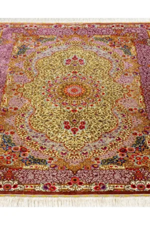 Queen’s Garden Persian rug, hand-knotted in Qom, pure silk, 80 Raj, signed Alipour