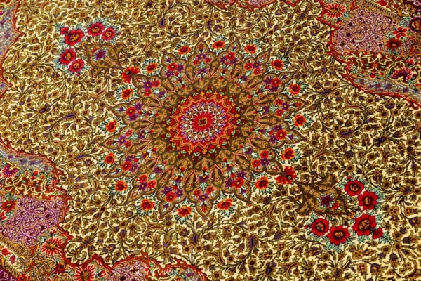 Queen’s Garden Persian rug, hand-knotted in Qom, pure silk, 80 Raj, signed Alipour