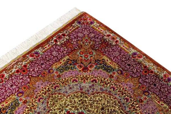 Queen’s Garden Persian rug, hand-knotted in Qom, pure silk, 80 Raj, signed Alipour