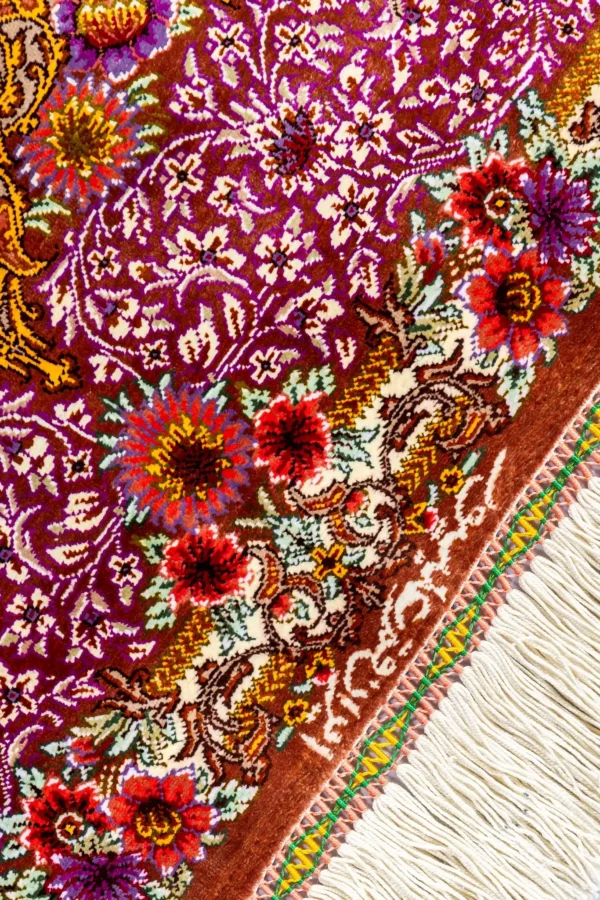 Queen’s Garden Persian rug, hand-knotted in Qom, pure silk, 80 Raj, signed Alipour