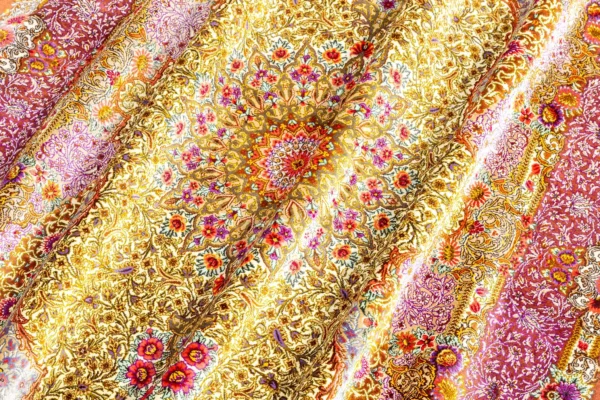 Queen’s Garden Persian rug, hand-knotted in Qom, pure silk, 80 Raj, signed Alipour