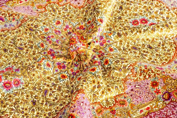 Queen’s Garden Persian rug, hand-knotted in Qom, pure silk, 80 Raj, signed Alipour