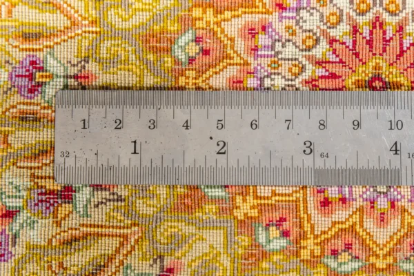 Queen’s Garden Persian rug, hand-knotted in Qom, pure silk, 80 Raj, signed Alipour