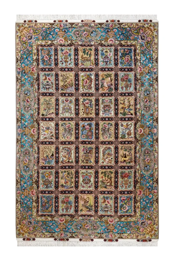 Mosaic Tales Tabriz Persian rug – hand-knotted 55 Raj panel design in fine wool and natural silk on silk warp, 3.09 x 2 m (6.18 sqm) luxury collectible by Parsa Rugs