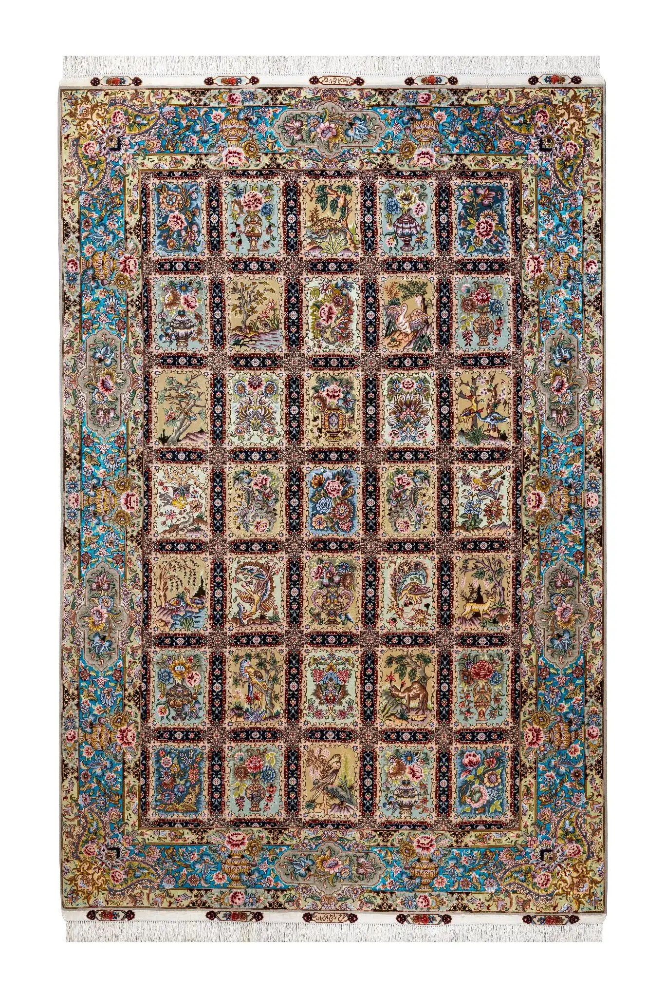 persian-fine-rug-silk-handmade-tabriz-rug-63-1116-0 Mosaic Tales Tabriz Persian rug – hand-knotted 55 Raj panel design in fine wool and natural silk on silk warp, 3.09 x 2 m (6.18 sqm) luxury collectible by Parsa Rugs