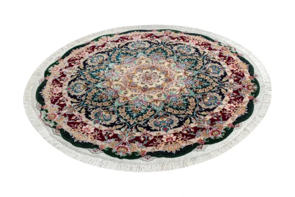 Royal Halo round Persian Tabriz rug – hand-knotted 55 Raj silk and wool carpet, 1.5 m, luxury collectible art piece by Parsa Rugs