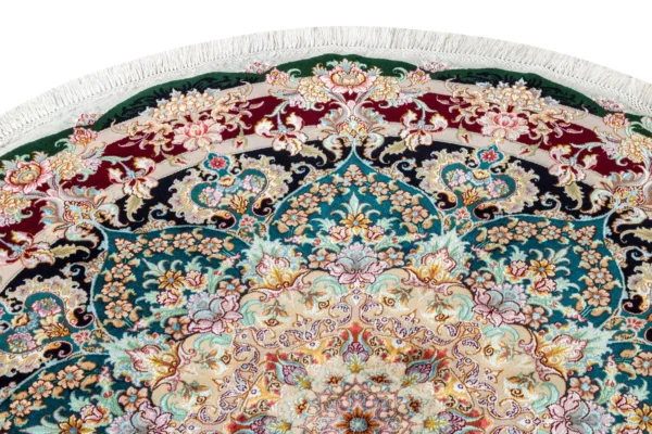 Royal Halo round Persian Tabriz rug – hand-knotted 55 Raj silk and wool carpet, 1.5 m, luxury collectible art piece by Parsa Rugs